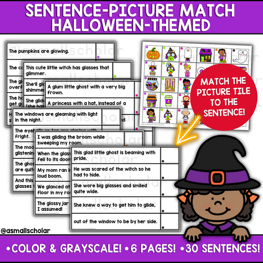 Halloween Sentence Picture Match. Initial blends. Rhyming Reading Fluency.