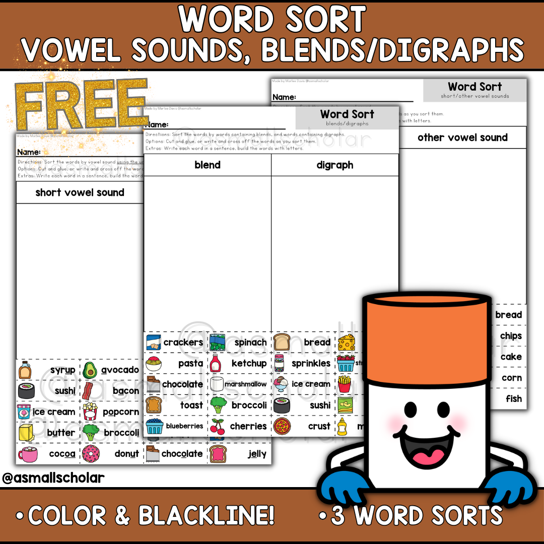 Word Sorts (Mixed vowel sounds, blends/digraphs) Food Words